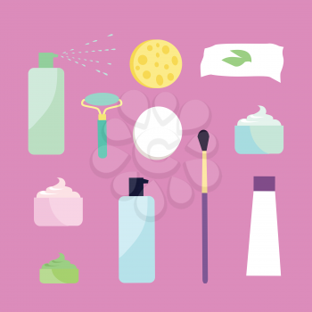 Elements for girls face wash. Makeup tools. Face washing accessories. Decorative cosmetics. Instruments for girl to take care about her look. Part of series of face care. Vector illustration