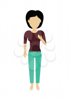 Female character without face in blouse and pants vector in flat design. Woman template personage illustration for feminist concepts, fashion app, logos, infographic. Isolated on white background.