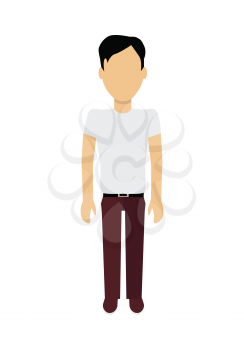Male character without face in white t-shirt vector in flat design. Man template personage figure illustration for concepts, mobile app pictogram, logos, infographic. Isolated on white background.