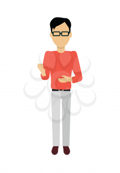 Male character without face in red sweater vector. Flat design. Man template personage illustration for concepts with humans, mobile app pictogram, logos, infographic. Isolated on white background .