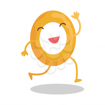 Donut running away isolated on white. Funny food story conceptual banner. Fresh cooked donut character in cartoon style. Happy meal for children. For childish menu poster. Vector design illustration