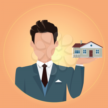 Real estate conceptual vector in flat design. Businessman character holding house in hand. Realtor. Buying a new place for living. Illustration for real estate company advertising, app icon. 