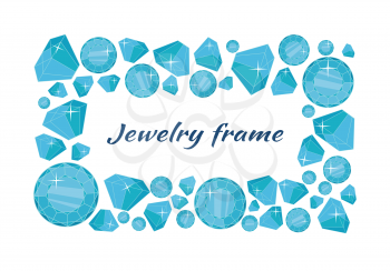 Jewelry frame vector concept in flat design. Precious gift. Sparkling, precious stones, gems and brilliants in different sizes. Illustration for jewelry store advertising. Isolated on white background