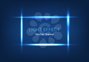 Light effect vector frame. Shining lines forming rectangle on gradient blue background. Highlighting by magic glowing. Expressive and attractive design element for ad, city lights, web design