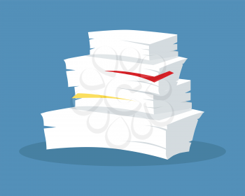 Stack of papers. Large number of business documents with bookmarks. Paper work, office routine, bureaucracy concept in flat design. Illustration for data, e-mail, management, services. On blue.