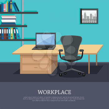Workplace conceptual vector web banner. Flat style. Office room with armchair, laptop on the desk, rack with documents. Comfortable place for work. Illustration of modern business apartments design