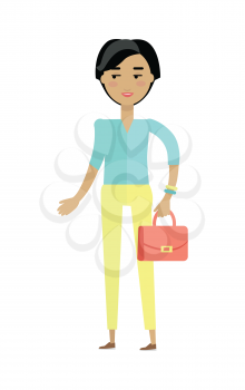 Beautiful young woman with cheerful attitude. Woman in blue shirt and yellow pants with red lady s bag. Smiling young woman personage in flat design isolated on white background. Vector illustration