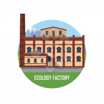 Ecology brown factory round icon. Factory building with pipes on nature landscape. Industrial factory building concept. Industrial plant with pipes in flat. Factory icon. Ecological production concept