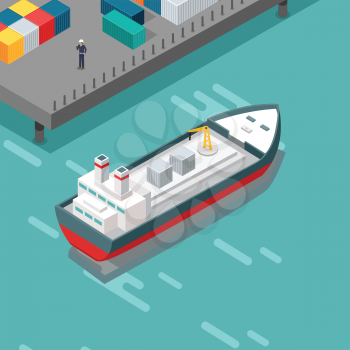 Cargo port vector illustration. Isometric projection. Ship with steel containers standing on the berth at the port, worker in helmet ashore. Transatlantic carriage. For delivery company adertising