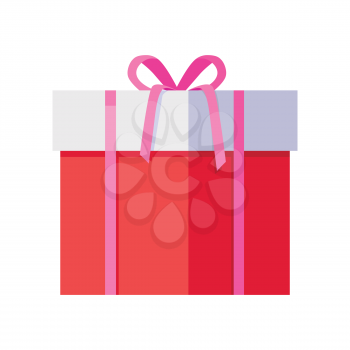 Single red gift box with pink ribbon in flat design. Beautiful present box with overwhelming bow. Gift box icon. Gift symbol. Christmas gift box. Isolated vector illustration