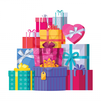 Big pile of colorful wrapped gift boxes. Mountain gifts. Beautiful present box with overwhelming bow. Gift box icon. Gift symbol. Christmas gift box. Isolated vector illustration