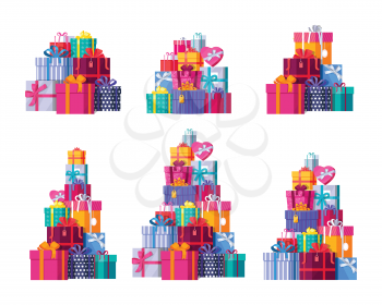 Six big pile of colorful wrapped gift boxes. Mountain gifts set. Beautiful present box with overwhelming bow. Gift box icon set. Gift symbol. Christmas gift box. Isolated vector illustration