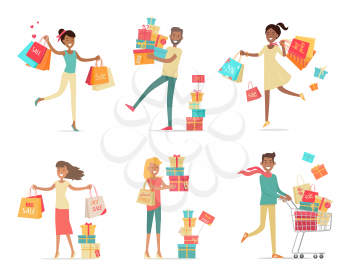 Set of shopping people vector concepts. Flat design. Collection of smiling women and man characters with gift boxes, paper bags and trolley with goods. Pleasure of purchase. For sales and discounts