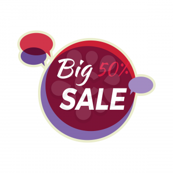 Sale sticker vector illustration. Flat style. Round bright sticker with big sale text and speak clouds. For store sale and discount advertising. Product label design. Black friday. On white background