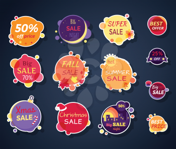 Set of sale stickers vector illustrations. Flat style. Round bright stickers with various advertising text. For store  sales and discounts ad. Product label design. Black friday. On white background