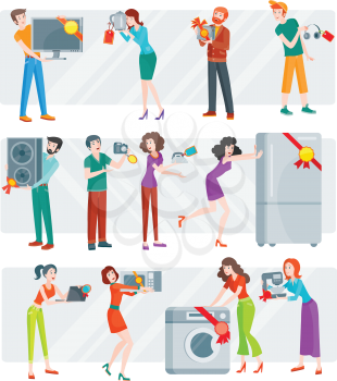 Set of peoples on store sale. Flat design vector. Man and woman happy characters holding different goods with sale stickers on it. Home technic, electronic devices, clothes, perfumes shopping