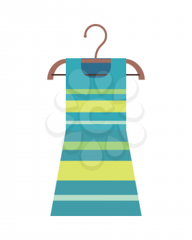 Beautiful striped female dress on a wooden hanger. Striped female cocktail party dress. Striped summer dress on hanger. Isolated object on white background. Vector illustration.