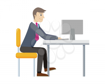 Strategic management manager working at computer isolated. Worker in office. Strategic planning, marketing, thinking, vision, business strategy, marketing and planning, finance. Vector illustration