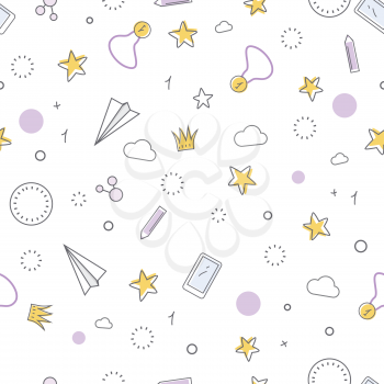 Successful icons seamless pattern. Paper plane star medal clock crown cloud pen mobile phone. Things that bring good luck. Favourite items in the office work. Indispensable things. Vector illustration