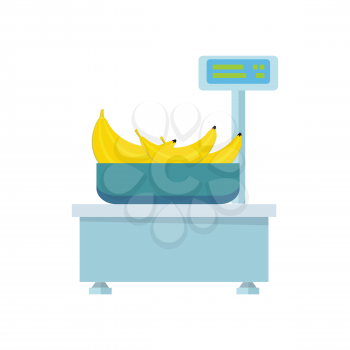 Blue electronic market scale with bananas. Scale icon in flat. Food scale icon. Weight scale icon. Supermarket equipment. Isolated object on white background. Vector illustration.
