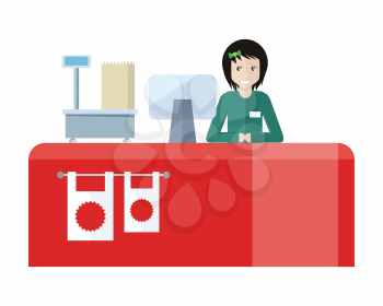 Shop assistant sitting at the cash desk. Quality service. People in supermarket interior design. Saleswomen at the counter. Mall manager near weighing-machine. Marketing, retail store. Vector