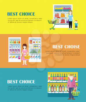 Set of best choice concept web banners. Flat style. Shopping in grocery store. Customers choose daily products from supermarket shelves. Illustrations for retail store advertising, web pages design.