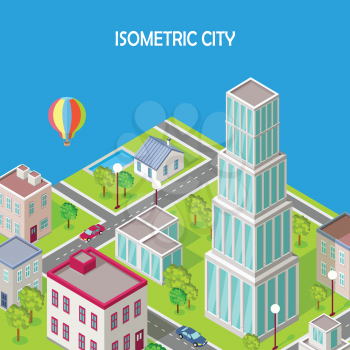 Isometric city vector. Isometric icon of city. Modern architecture, skyscraper exterior, clean sustainable eco city. Home and office buildings. Eco friendly environment. Residential estate cityscape.