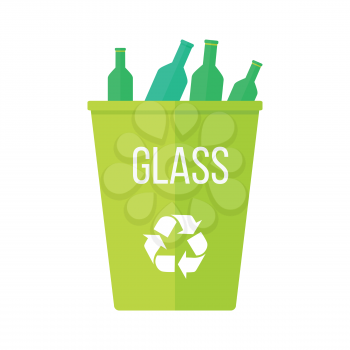 Green recycle garbage bin with glass. Reuse or reduce symbol. Plastic recycle trash can. Trash can icon in flat. Waste recycling. Environmental protection. Vector illustration.