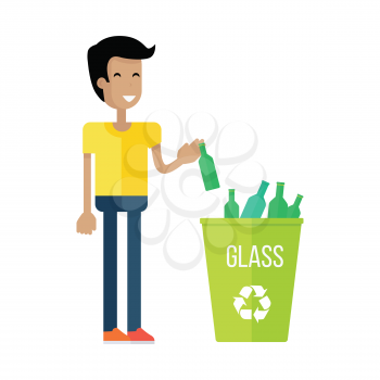 Boy throw the bottle into the container with glass. Waste recycling infographic concept. Sorting process different types of waste vector illustration. Environment protection. Flat style design. Vector