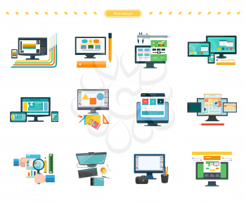 Set of web design vector concepts in flat style. Collection of computer monitors illustrations with measurement and drawing instruments, web pages graphic elements. Graphic designer workplace concept.