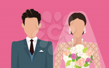 Wedding day web banner. Newlyweds couple design template. Beautiful young newly-married groom and bride isolated on red. Love people and wedding. Ceremony where two people united in marriage. Vector