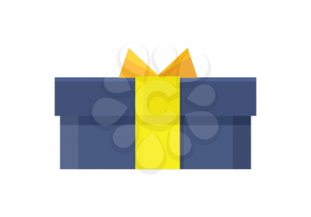 Gift box vector icon in flat style. Packaged with blue paper and yellow ribbon present illustration. Holiday surprise. For app button, infogpaphics elements, logo, web design. On white background