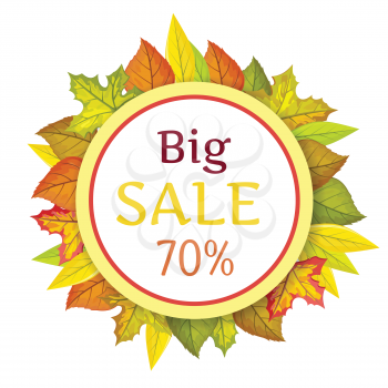 Big autumn sale vector concept. Flat design. Colored leaves of variety trees in circle with free white space in the center and sample text. For sale and discount advertising. Product label design