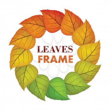 Autumn leaves vector frame. Flat design. Circle from colored tree leaves  with white free space in the centre and sample text. For photo decoration, nature concept, seasonal promotion and ad design