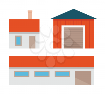 Set of traditional farm constructions. Vector in flat design. Countryside architecture. House, garage, barn, warehouse, hangar illustration for agricultural theme illustrating, icons, ad, infographics
