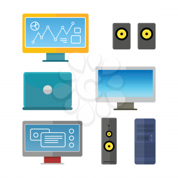 Set of computer peripherals illustration in flat style. Monitor, laptop, computer, column speaker illustration for  technological concept, web, app, icons, logo design. Isolated on white background.  