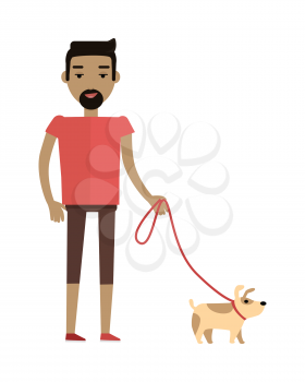 Young brunet man in red T-shirt and brown shorts walking his dog. Cartoon character, pet animal. Young man personage in flat design isolated on white background. Vector illustration.