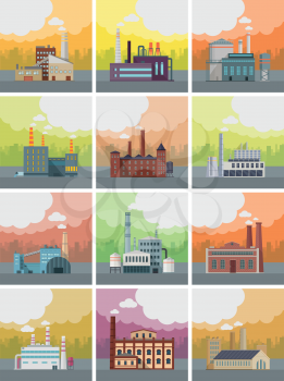 Set of factory building banners. Factory building with pipes on urban landscape. Industrial plant with pipes. Plant with smoking chimneys. Ecological production, air pollution concept. Free space.