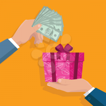 Buying gifts vector in flat design. Surprise in colored box with ribbon. Hands with packed present and dollar bills. For shopping, holiday sales, discounts concepts, event management companies