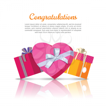 Congratulations conceptual web banner in flat style. Colorful gift boxes with ribbons on white background. Illustration for decoration, event management companies landing page design, sales ad