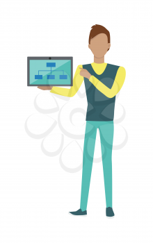 Standing man in yellow blue sweater and blue pants with laptop presents web infographic. Gray laptop with spreadsheet on blue screen. Website development project, SEO process information