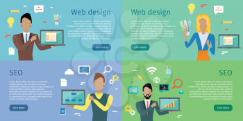 Web design, SEO infographic concept set. Man and woman with laptop presents new web design on background with communication and design icons. Website development project, SEO process information.