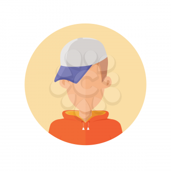 Stylish young man avatar or userpic in flat cartoon design. Sportive boy in cute cap. Close up portrait isolated. Part of series of diverse avatars without facial features. Vector illustration.