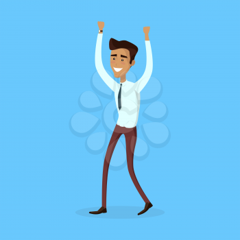 Business success illustration. Flat style design vector. Great deal, good day concept. Happy man with raised hands enjoying his success. Getting result. Isolated on white background.
