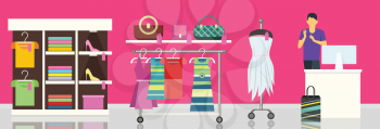 Hangers and shelves with female clothes and accessories. Female clothing store illustration. Man behind counter of store. People shopping, marketing people, customer in mall, retail store illustration