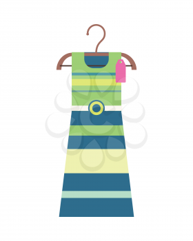 Beautiful striped female dress on a wooden hanger. Striped female cocktail party dress. Striped summer dress on hanger. Isolated object on white background. Vector illustration.