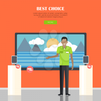 Best choice concept. Smiling man in green shirt standing near counter of electronics store. People shopping, marketing people, customer in mall, retail store illustration. People in market interior.