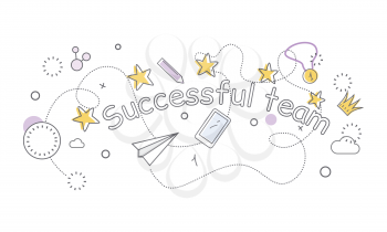 Successful team banner. Paper plane star medal clock crown cloud pen mobile phone. Things that bring good luck. Favourite items in the office work. Indispensable things. Vector illustration