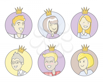 Set of avatars of men and women. Collection of the office stars. Best worker of the week month year. Leader in the office work. Person with the crown. Queen or King of the office. Vector illustration