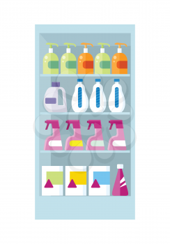 Shelve in shop with household chemicals vector. Assortment of household cleaners and cosmetics section in supermarket. Illustration for stores ad, shopping and merchandising concepts.   